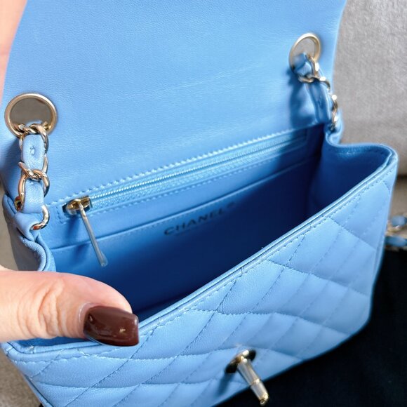 98% NEW CHANEL LAMB SKIN BABY BLUE SQUARE FLAP BAG - Picture 6 of 15